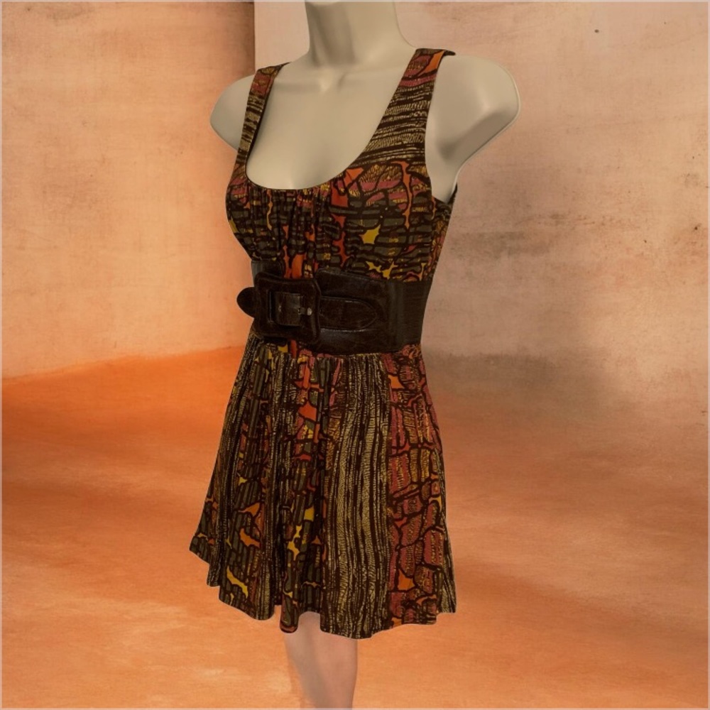 Vtg designer Sleeveless brown Print long flowy boho top Wide Brown Waist Belt S